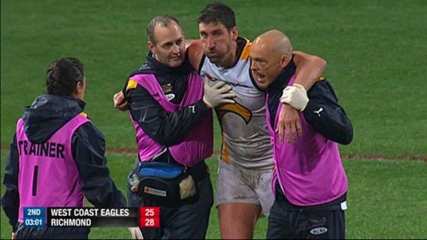Not a good look: Dean Cox is taken off concussed after being hit.
