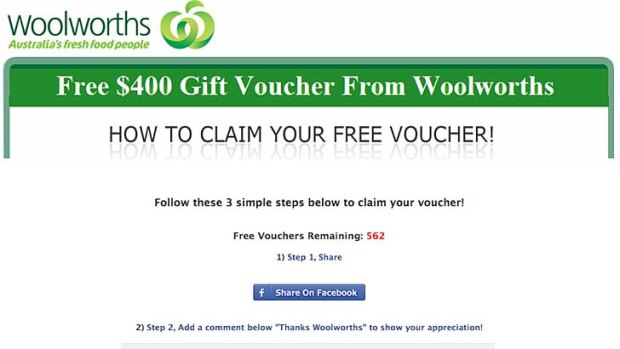 The Woolworths gift voucher scam page.