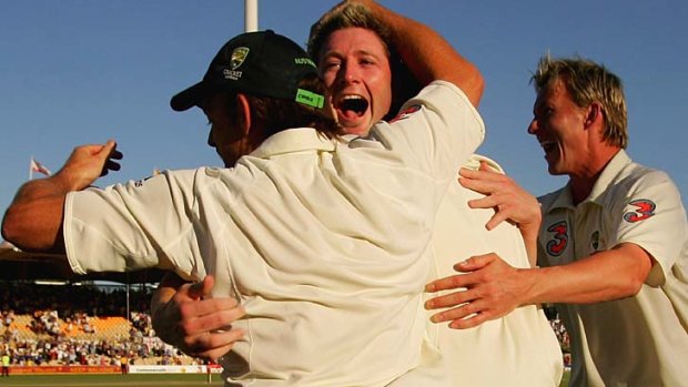 Michael Clarke celebrates victory with Adam Gilchrist and Brett Lee at the Adelaide Oval in 2006.
