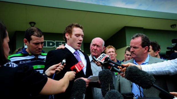Moving on ...  disgraced Joel Monaghan announces his resignation from the Canberra Raiders in the wake of the uproar that followed the circulation online of a lewd photograph.