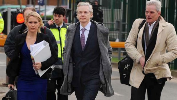 WikiLeaks founder Julian Assange and his lawyer Jennifer Robinson arrive at Belmarsh Magistrates' Court, in south-east London, for his appeal against extradition to Sweden.