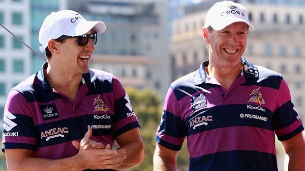Celebrations ... star player Billy Slater and coach Craig Bellamy at a civic reception for the Storm in Melbourne.