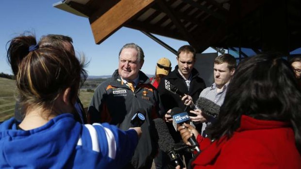 Greater Western Sydney head coach Kevin Sheedy speaking to the media at the National Arboretum in Canberra.
