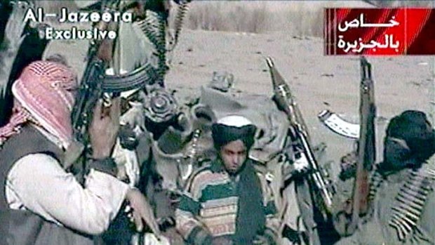 A still from 2001 Al-Jazeera footage purportedly showing Hamza bin Laden with Taliban fighters in Afghanistan.