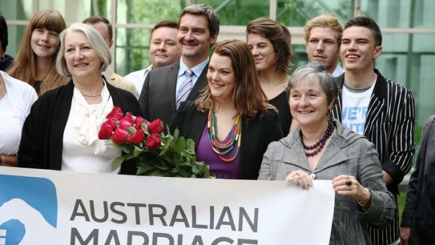 Senators Sue Boyce (Liberal), Sarah Hanson-Young (Greens) and Claire Moore (Labor) launching a campaign on marriage equality in Canberra.