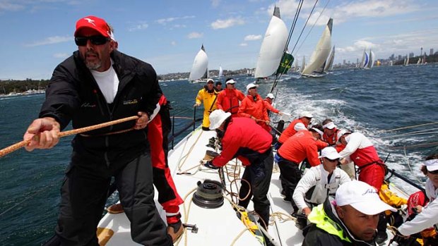 Teamwork &#8230; the crew on board the Lahana, which is positioned behind Wild Oats XI and Ragamuffin-Loyal.