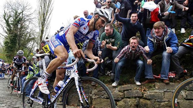 Grind . . . Tomm Boonen hits the cobblestones in the Tour of Flanders.