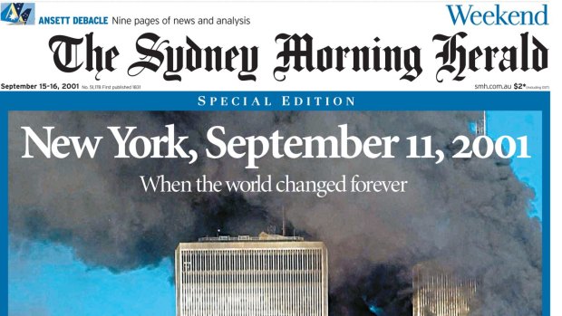 Front page of The Sydney Morning Herald from September 15 2001
