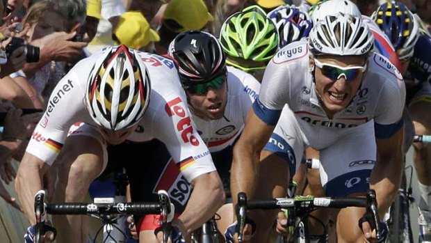 Line honours: Andre Greipel (left), Mark Cavendish and winner Marcel Kittel fight out stage 10.