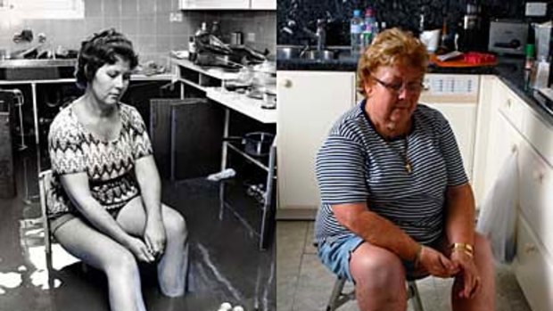Twice shy ... Marilyn Peacock in the kitchen of her family home after the flood of 1974, left, and in the same kitchen in January 2011.