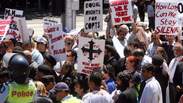 The Coptic protest on the steps of State Parliament.