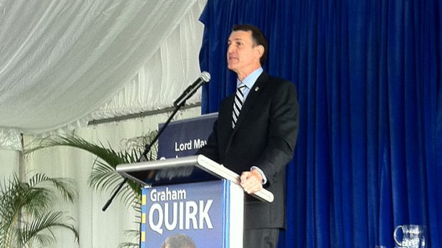 Brisbane Lord Mayor Graham Quirk addresses those attending his re-election campaign launch at Doomber Racecourse on Sunday, April 15.