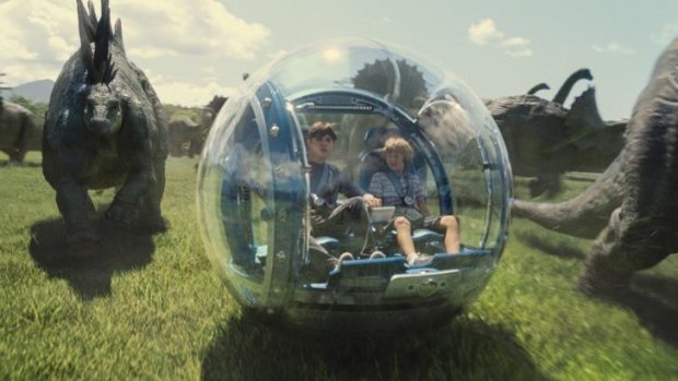 Nick Robinson as Zach and Ty Simpkins as Gray in <i>Jurassic World</i>, directed by Colin Trevorrow.