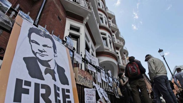 Placards and messages from supporters of WikiLeaks founder, Julian Assange, outside the Ecuadorean Embassy in London.