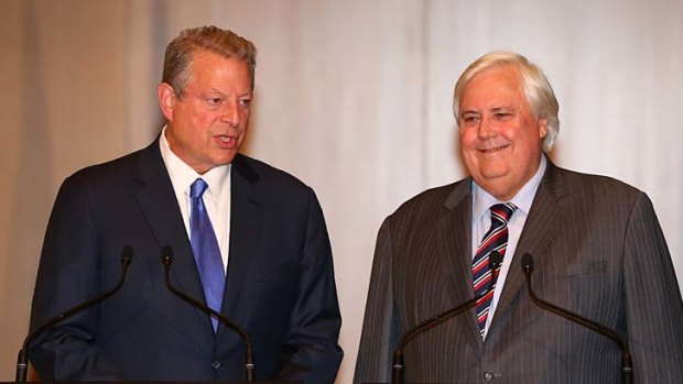 Odd couple: Palmer United Party leader Clive Palmer and former US Vice President Al Gore during a joint press conference in the Great Hall of Parliament House in Canberra.