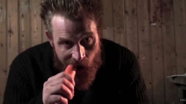 Actor Kristofer Hivju uses a carrot for a prop as he auditions for the role of Tormund Giantsbane.