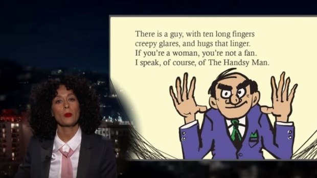 'There is a guy, with ten long fingers ...' actress and comedian Tracee Ellis Ross reads from her book, 'The Handsy Man', on 'Jimmy Kimmel Live!' on Tuesday.