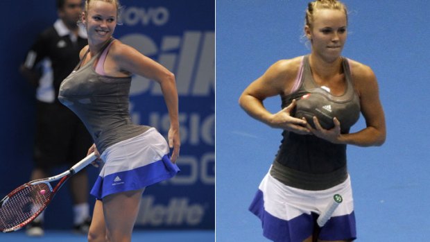 Does my bum look big in this? ... Caroline Wozniacki impersonates Serena Williams. Photos Reuters/AFP