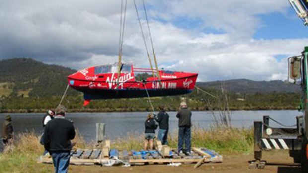 The Flying Carrot being put in the water at Franklin in Tasmania.