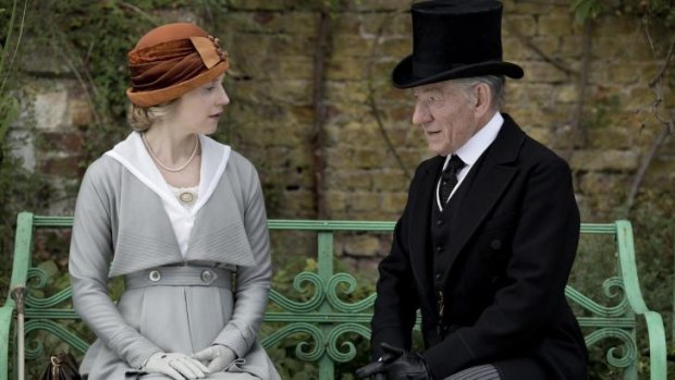 Hattie Morahan as Ann Kelmot and Ian McKellen as Sherlock Holmes in <i>Mr Holmes</i>.