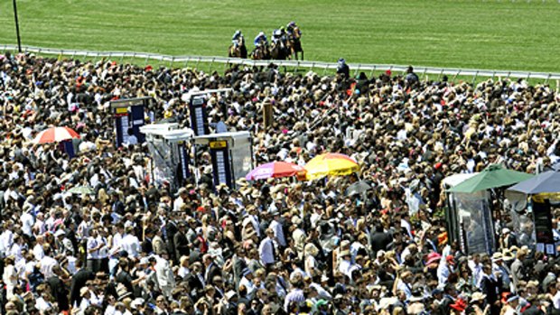 A large crowd at Flemington watches the running of the Schweppes Tonic 1000.