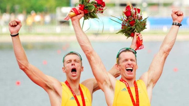 Golden boys &#8230; Drew Ginn and Duncan Free celebrate their victory in the coxless pair at the 2008 Olympics in Beijing.