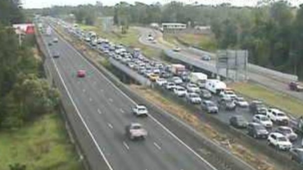 A traffic camera shows the southbound congestion on the Bruce Highway in Burpengary an hour after the crash.