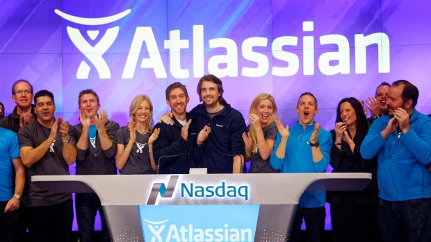 Atlassian co-founders Scott Farqujar (left) and Mike Cannon-Brookes (right) at the Nasdaq listing in 2015: Shares in Australia's biggest tech export hit a record this week.