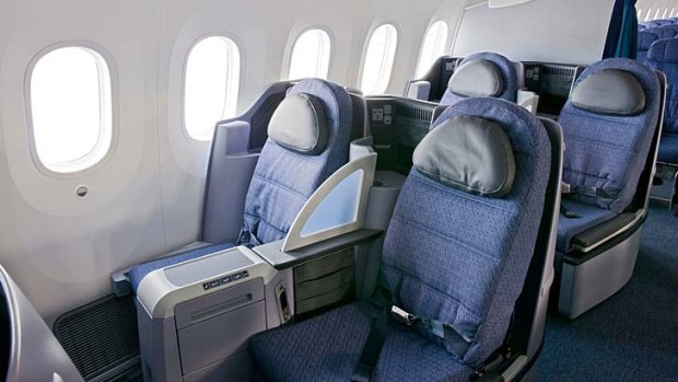 Business class seats on the United Airlines 787 Dreamliner.