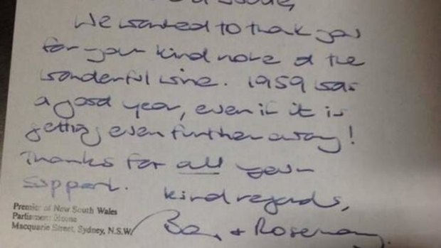 The thank-you note from former NSW Premier Barry O'Farrell for bottle of 1959 Grange.