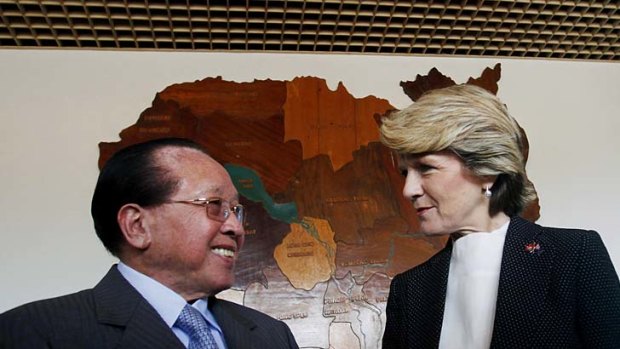 Friends in need: Julie Bishop meets Cambodia's Foreign Minister Hor Nam Hong.