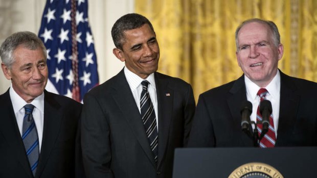 Ready for a bloody confirmation fight &#8230; Barack Obama announced his nominations of defence secretary nominee Chuck Hagel, left, and counterterrorism adviser John Brennan, right.