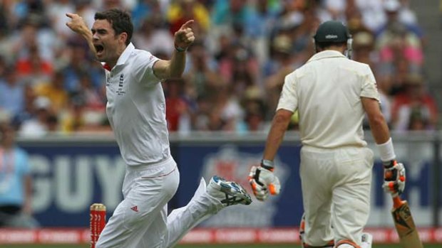 James Anderson celebrates the wicket of Michael Hussey.
