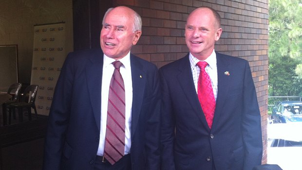 ''He will win''... former Prime Minister John Howard with Campbell Newman in Brisbane this morning.