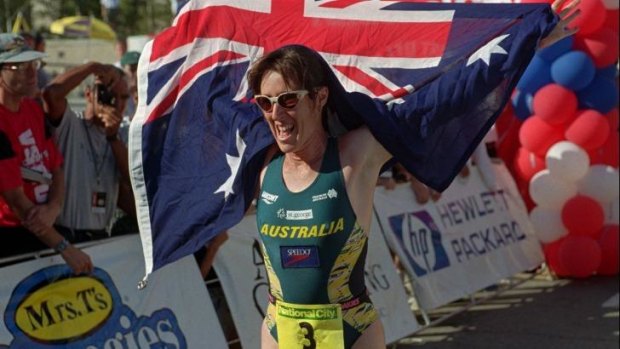 Australia's Jackie Fairweather (nee Gallagher) celebrates her victory in the Triathlon World Championship in 1996.