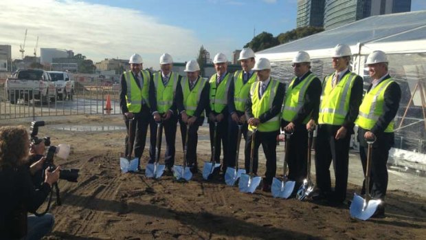 Planning Minister John Day, and executives from Leighton Properties, Leighton Holdings, Shell, Broad Construction, DEXUS, Seven Group and John Holland at the sod-turning ceremony.