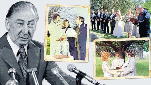 Decades of services: Three of the 6000 weddings Dally Messenger has presided over since Lionel Murphy, right, launched the civil celebrant program in 1973.