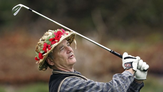 Actor Bill Murray tees off at Spyglass Hill Golf Course in Pebble Beach, California.