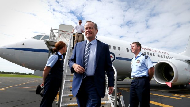 Opposition Leader Bill Shorten lands in Mackay for a visit to Beaconsfield State School in Mackay, Queensland, together with Shadow Education Minister Kate Ellis and ALP candidate for Dawson, Frank Gilbert.
Election 2016 on Opposition Leader Bill Shorten's campaign. Photo: Alex Ellinghausen Wednesday 11 May 2016.