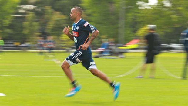 Sidelined: Victory striker Archie Thompson is still troubled by a hamstring injury and trained away from the main group on Thursday.