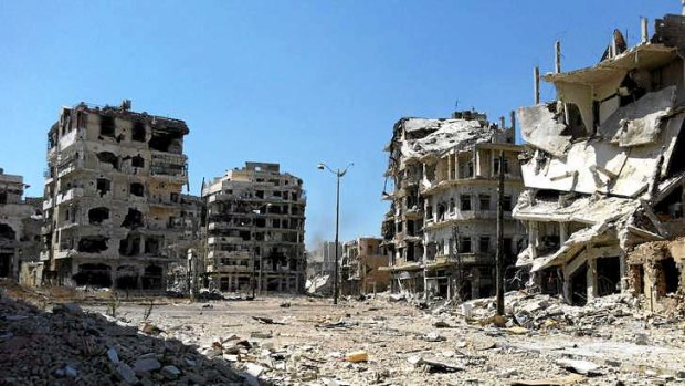 Damaged buildings in  the district of al-Khalidiyah in the central Syrian city of Homs.