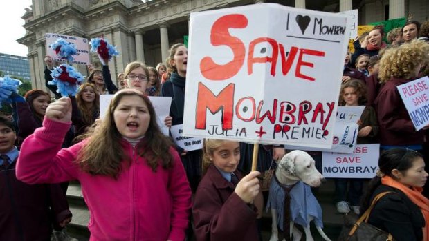 End of an era: Mowbray students protesting at Parliament when their school closed.