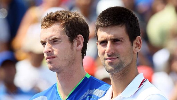 Andy Murray and Novak Djokovic wait for the presentation after the Western & Southern Open in Mason, Ohio.