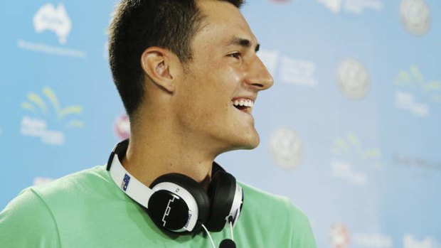 Confident and relaxed: Bernard Tomic at Homebush Bay for the draw of Sydney International on Saturday.