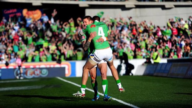 Images like this one, with Sandor Earl celebrating a Raiders try in the 2012 NRL finals series, will be hard to find on television in 2013 if you're a Raiders fan. The Raiders are expected to only receive one free to air match in the first 20 rounds of the competition.