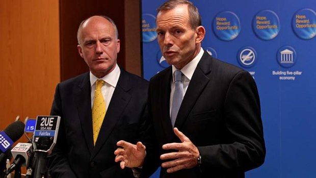 Opposition Leader Tony Abbott and workplace relations spokesman Eric Abetz in Sydney for the release of the policy.