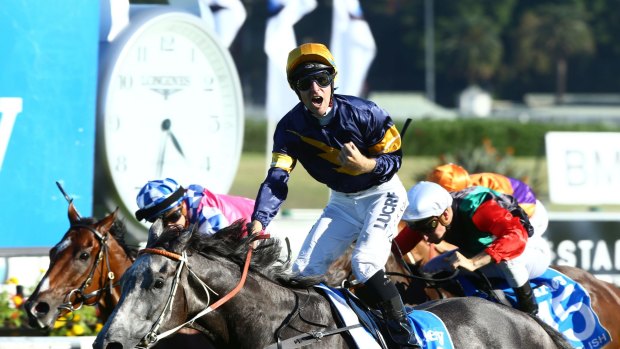 Ready: Jockey Tommy Berry rides Chautauqua to win the The Darley T J Smith Stakes.