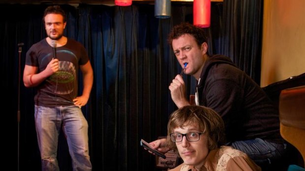 Comedians (from back to front) Andrew Dawson, Karl Chandler and Jonathan Schuster all perform regularly at stand-up clubs ...