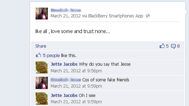 An exchange between Jette and Jesse on Facebook.