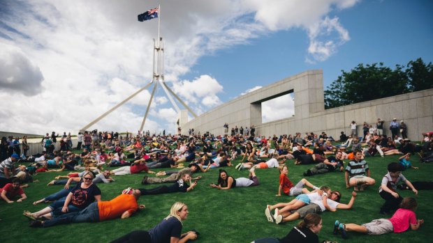 Hundreds rolled down the lawns of Parliament House to protest the current fence proposal